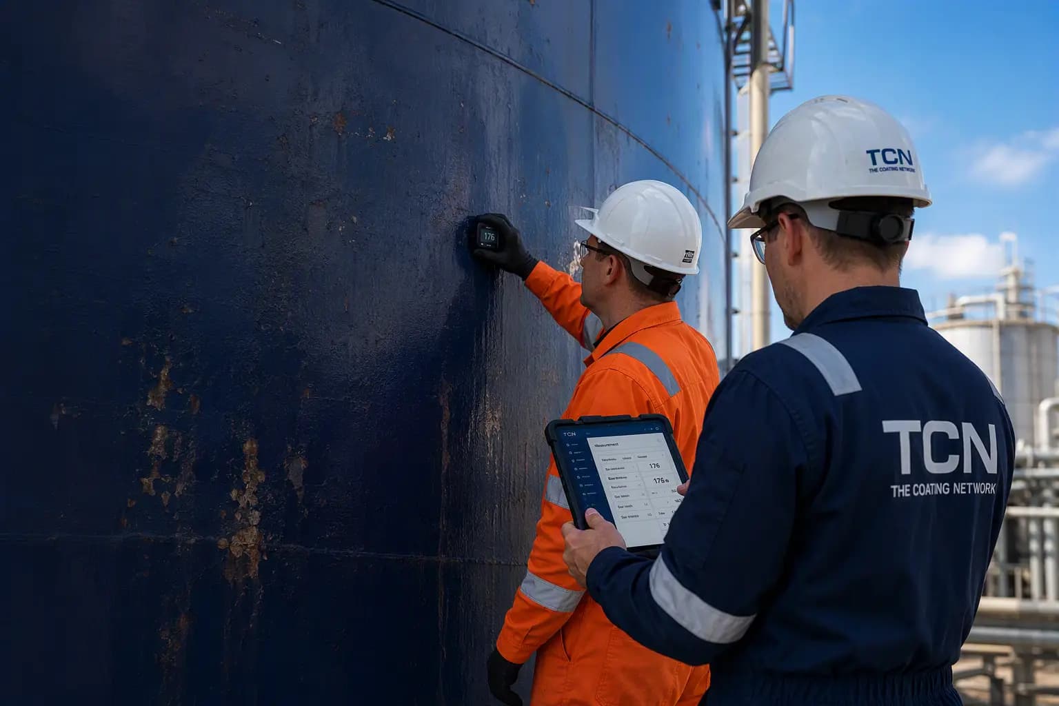 Two coating inspectors in TCN hard hats taking readings on an industrial storage tank