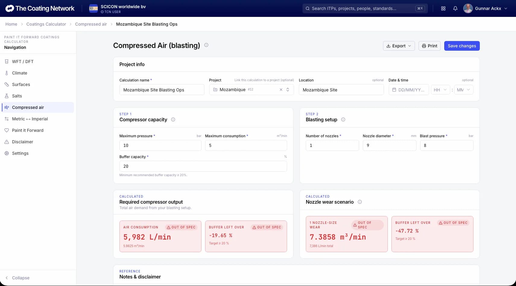 The compressed air coating calculator in TCN with its inputs and calculated output