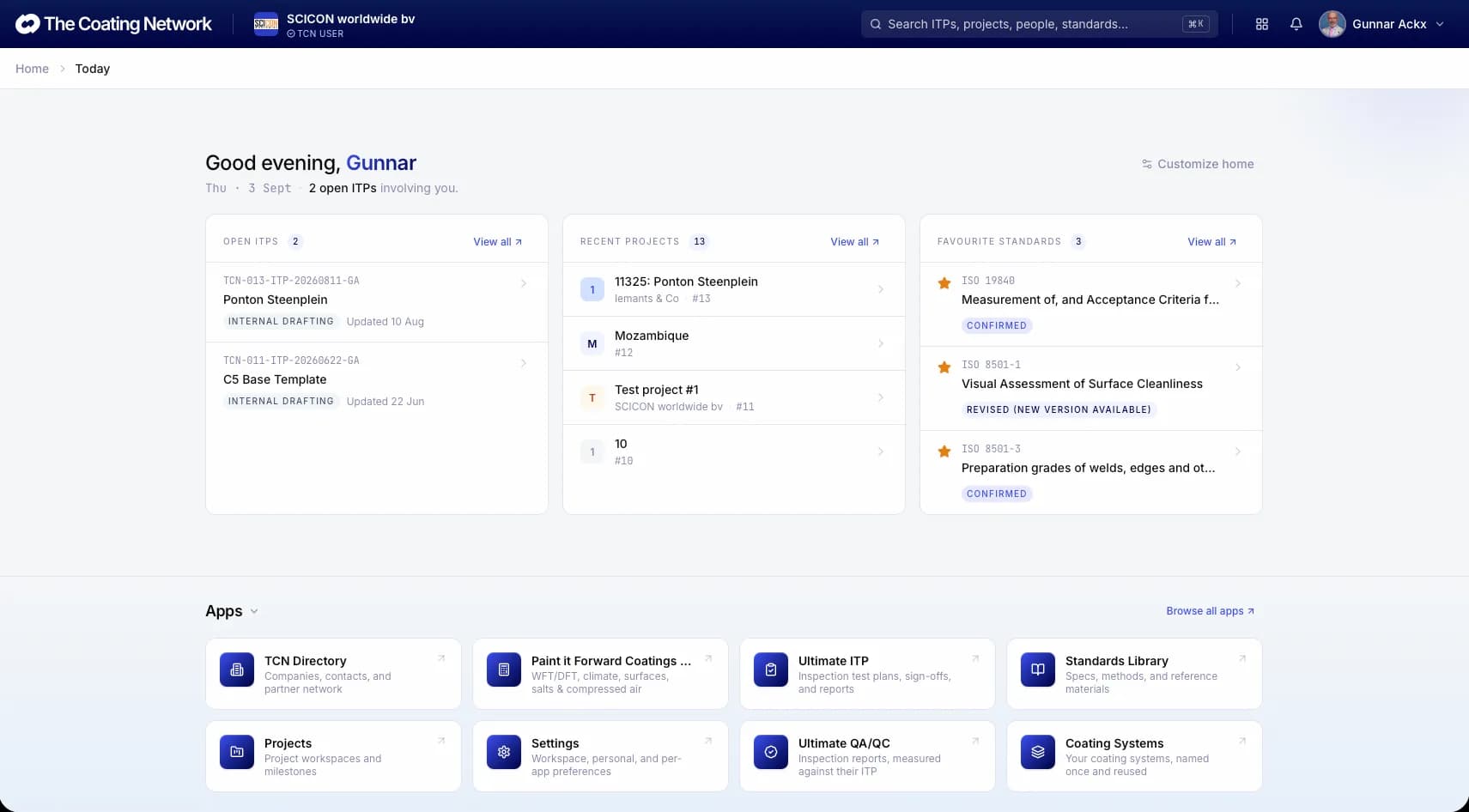 The TCN home dashboard showing recent projects, open ITPs and the app launcher